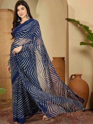 Navy blue pure georgette striped saree with blouse 2
