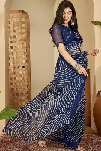 Navy blue pure georgette striped saree with blouse