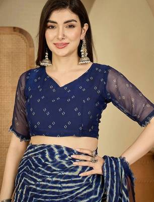 Navy blue pure georgette striped saree with blouse 4