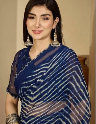 Navy blue pure georgette striped saree with blouse 5