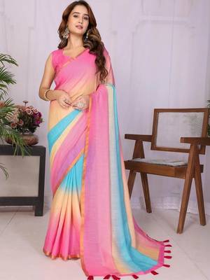 Multicolor linen printed saree with blouse 1