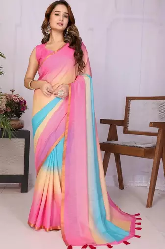 Multicolor linen printed saree with blouse