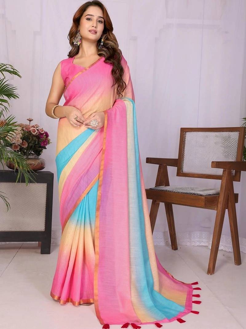 Multicolor linen printed saree with blouse