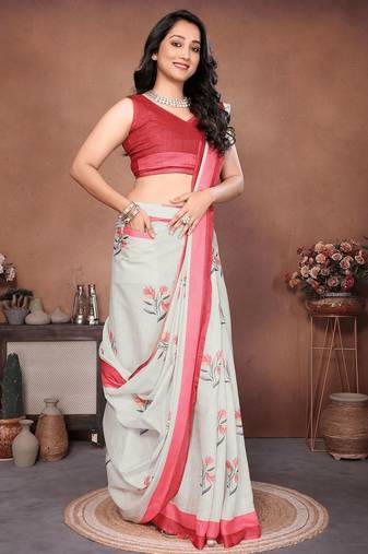 Off white linen printed saree with blouse