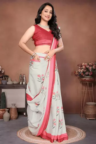 Off white linen printed saree with blouse