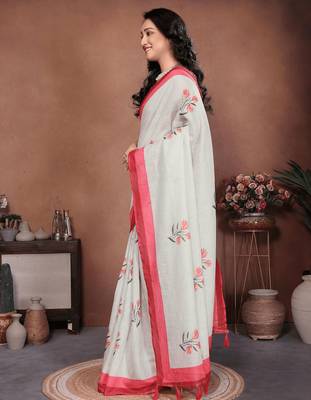 Off white linen printed saree with blouse 2