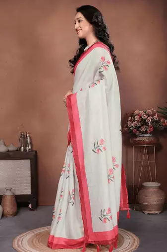Off white linen printed saree with blouse