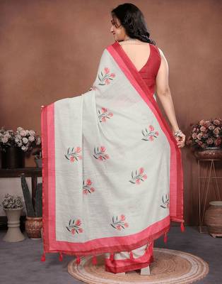 Off white linen printed saree with blouse 3
