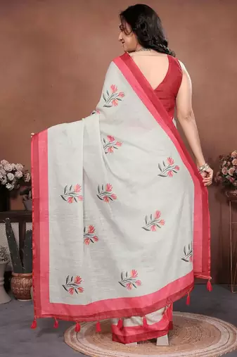 Off white linen printed saree with blouse