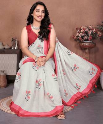 Off white linen printed saree with blouse 4