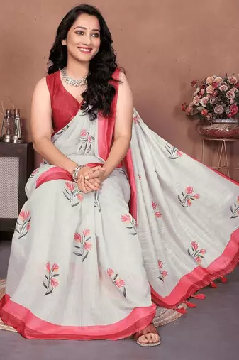 Off white linen printed saree with blouse