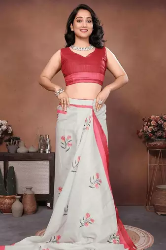 Off white linen printed saree with blouse