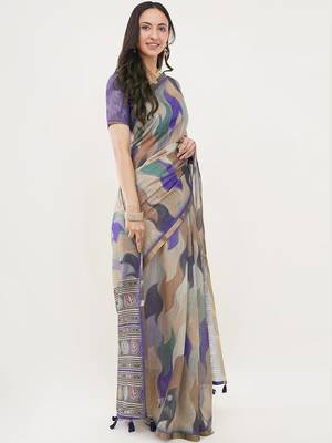 Multicolor linen printed saree with blouse 1
