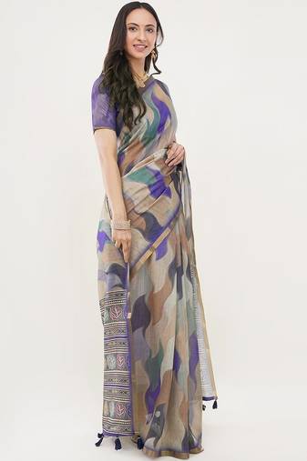 Multicolor linen printed saree with blouse