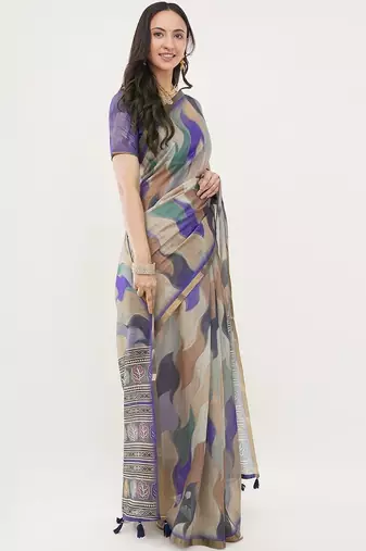 Multicolor linen printed saree with blouse
