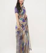 Multicolor linen printed saree with blouse