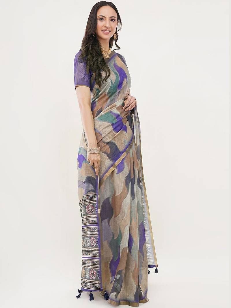 Multicolor linen printed saree with blouse