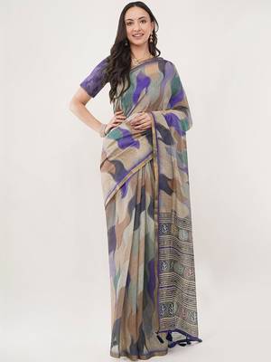 Multicolor linen printed saree with blouse 2