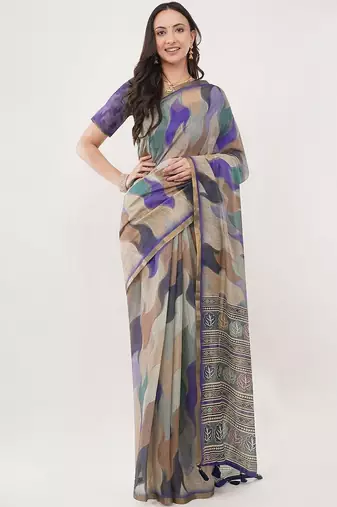 Multicolor linen printed saree with blouse