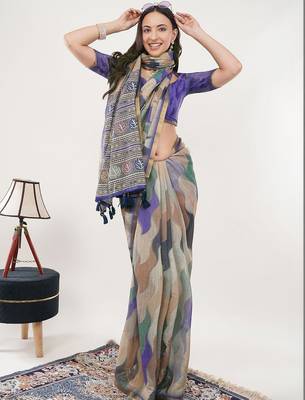Multicolor linen printed saree with blouse 3