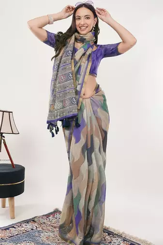 Multicolor linen printed saree with blouse