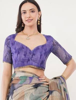 Multicolor linen printed saree with blouse 4