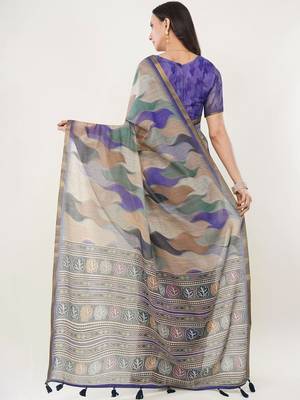 Multicolor linen printed saree with blouse 5