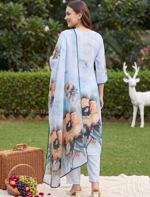 Women Floral Printed Regular Chanderi Silk Kurta with Trousers & With Dupatta 5