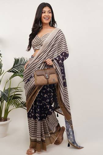 Beige linen printed saree with blouse