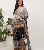 Beige linen printed saree with blouse