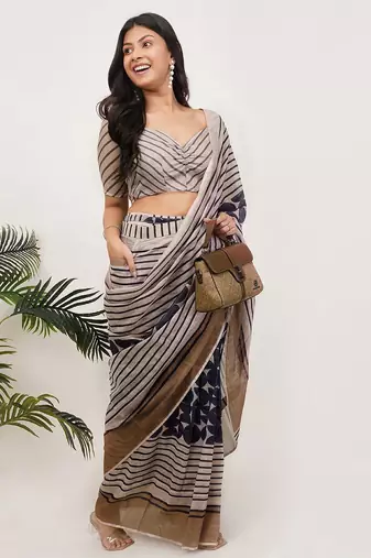 Beige linen printed saree with blouse
