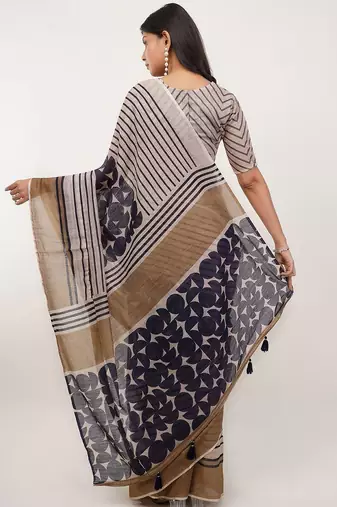 Beige linen printed saree with blouse