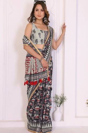 Black linen printed saree with blouse