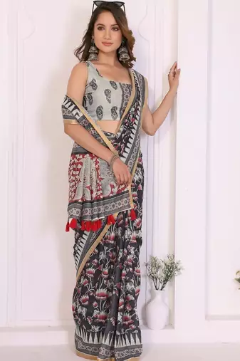Black linen printed saree with blouse