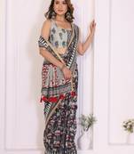 Black linen printed saree with blouse