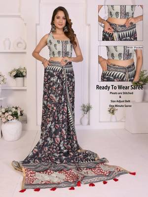 Black linen printed saree with blouse 2