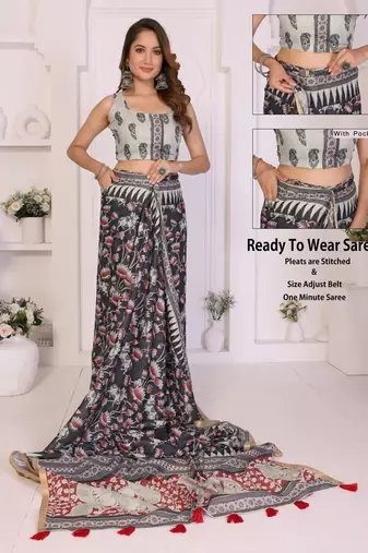 Black linen printed saree with blouse