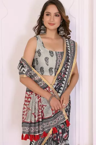 Black linen printed saree with blouse