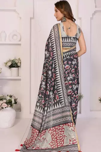 Black linen printed saree with blouse