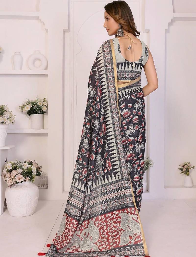Black linen printed saree with blouse