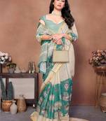 Green pure linen printed saree with blouse