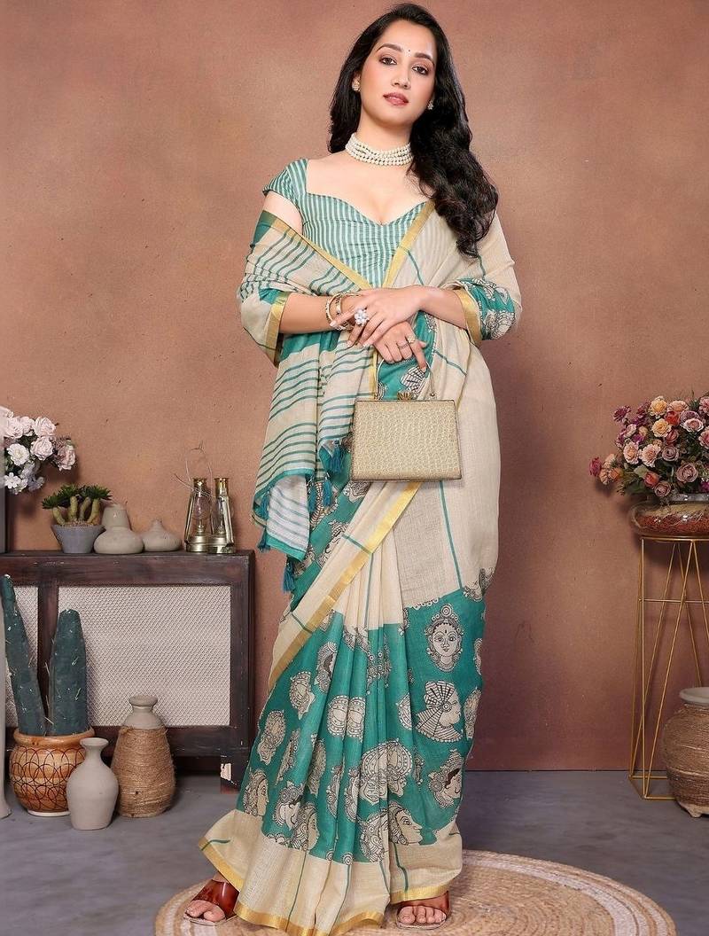 Green pure linen printed saree with blouse