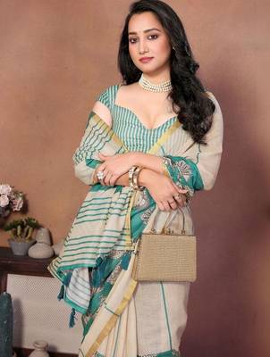 Green pure linen printed saree with blouse 2