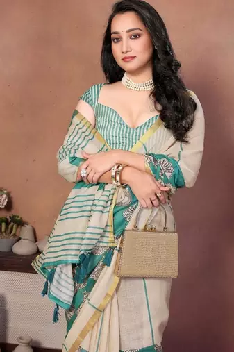 Green pure linen printed saree with blouse