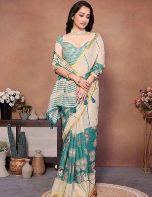 Green pure linen printed saree with blouse 3