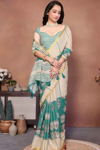 Green pure linen printed saree with blouse