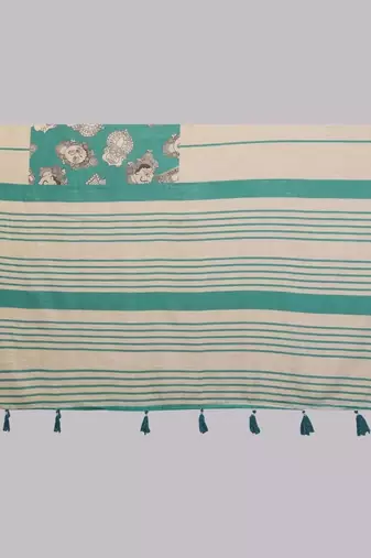 Green pure linen printed saree with blouse