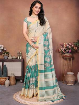 Green pure linen printed saree with blouse 5
