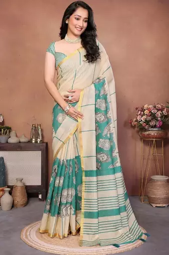 Green pure linen printed saree with blouse