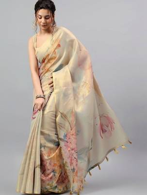 Beige tissue printed saree with blouse 1